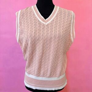 Vintage 1980s Jeanne Pierre Pink & White 100% Cotton Cable Knit Sweater Vest